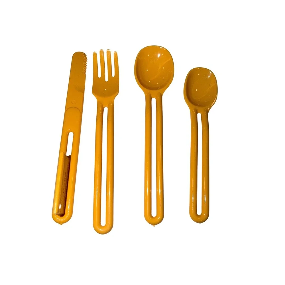 2 Vintage 1986 IDC Marketing Yellow Plastic Nesting Camping Flatware Made in USA
